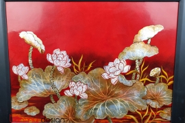 Red lacquer painting with eggshell lotus 30*40 cm